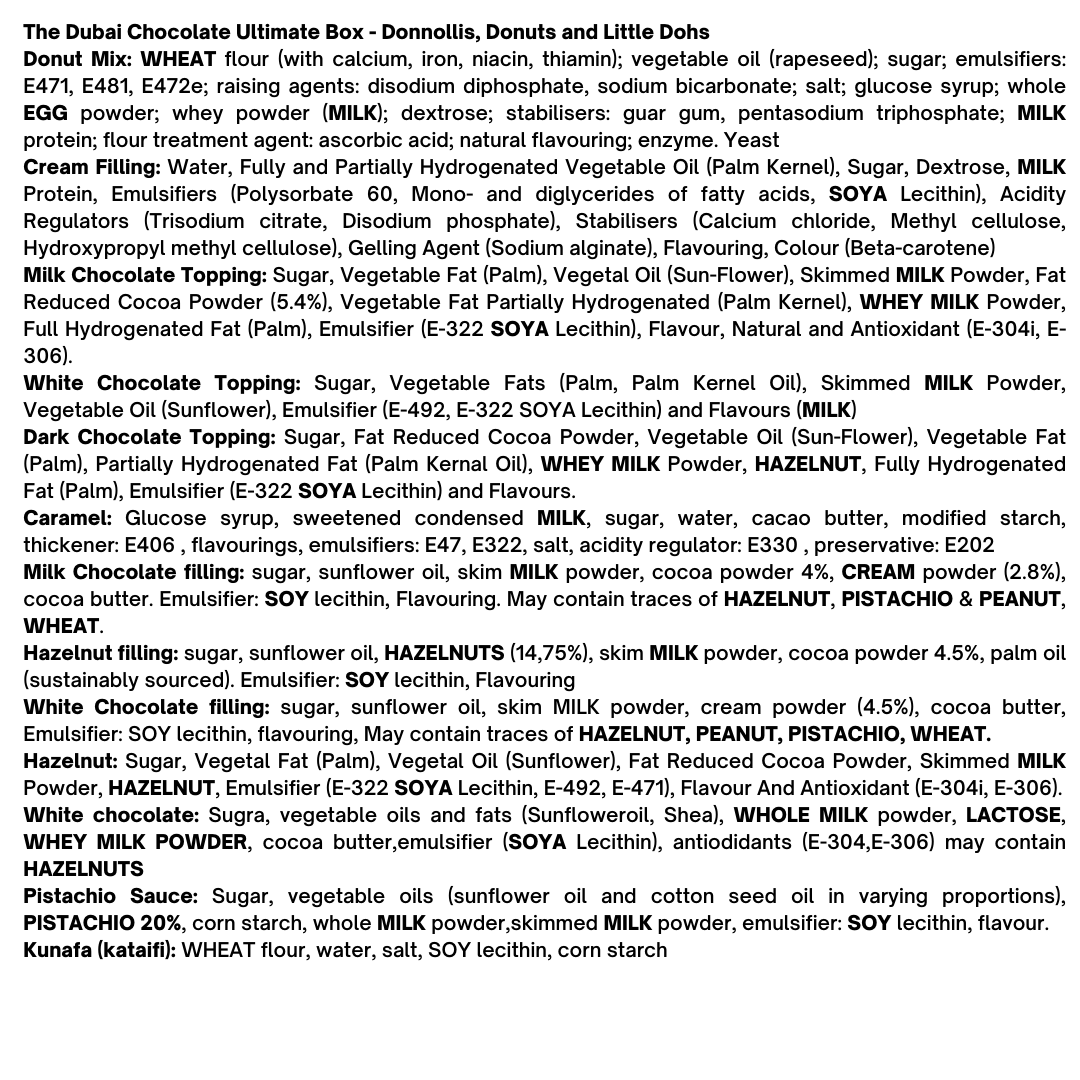 The Dubai Chocolate Ultimate Box - Donnollis, Donuts and Little Dohs Black Box Donuts