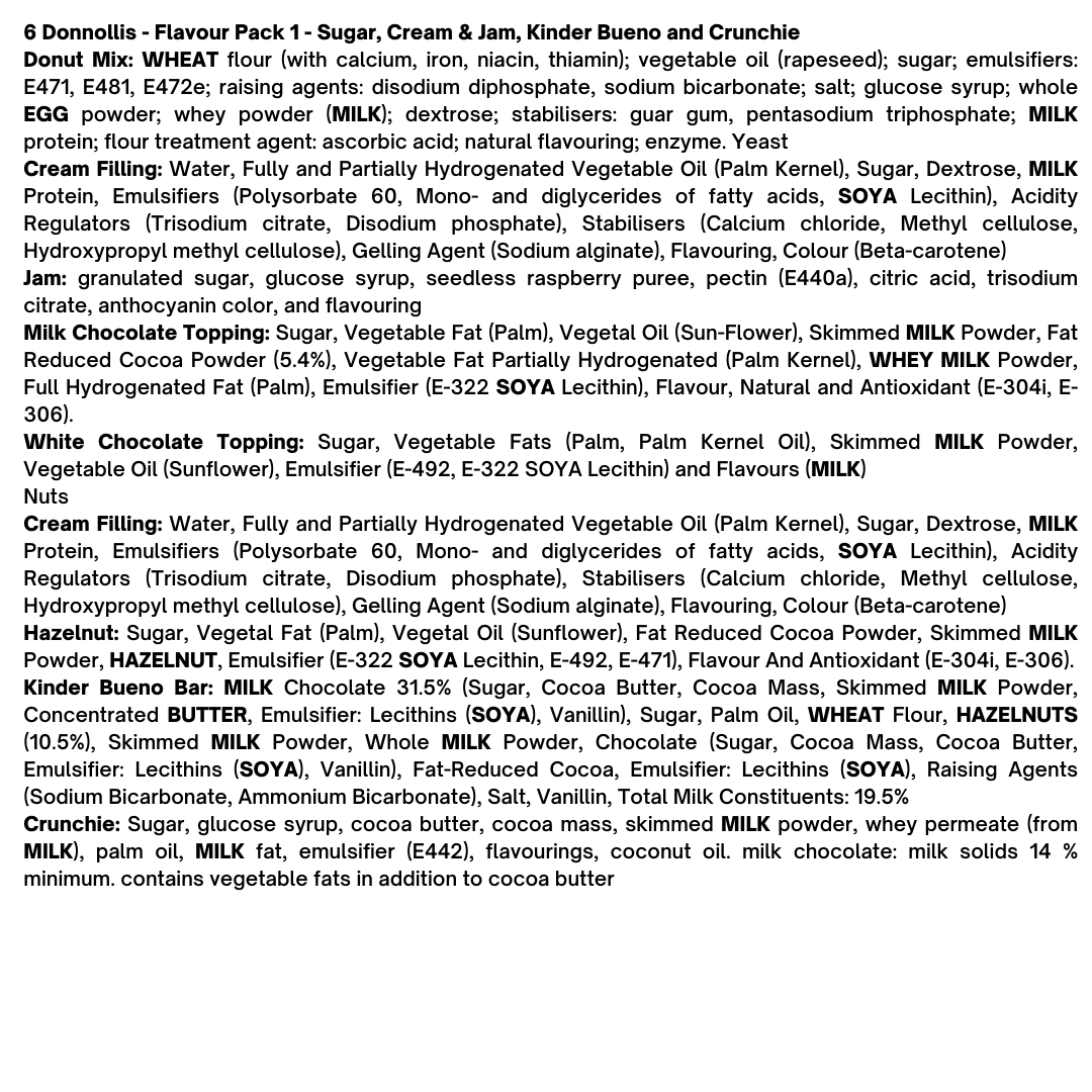 6 Donnollis - Flavour Pack 1 - Kinder Bueno, Sugar, Cream & Jam and Crunchie Black Box Donuts