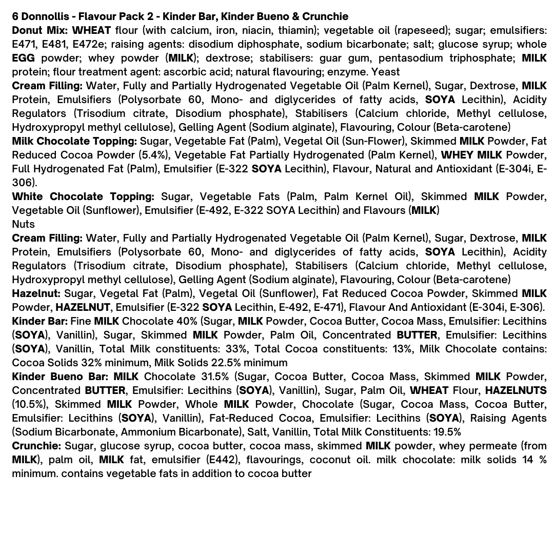 6 Donnollis - Flavour Pack 2 - Kinder Bar, Kinder Bueno & Crunchie Black Box Donuts