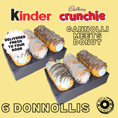 6 Donnollis - Flavour Pack 1 - Kinder Bueno, Sugar, Cream & Jam and Crunchie Black Box Donuts