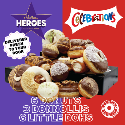 The Ultimate Flavour Box based on Celebrations and Hero sweets - Donnollis, Donuts and Little Dohs Black Box Donuts
